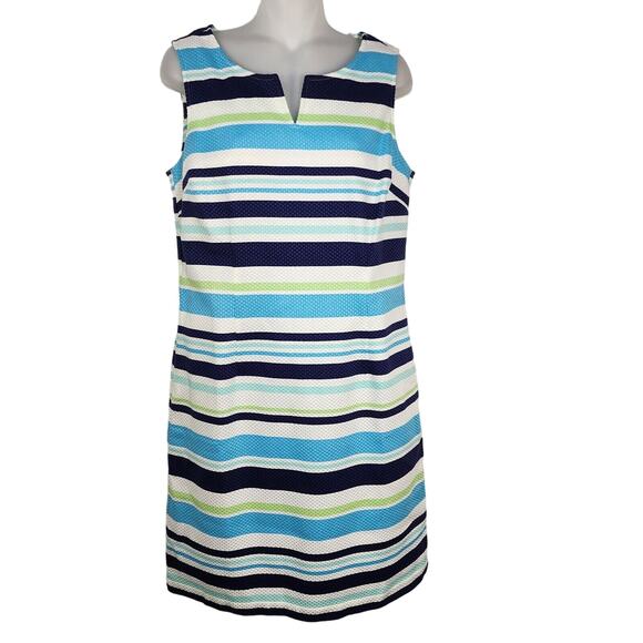 Talbots Petites Women Mini Dress 8P Blue White Striped Sleeveless A Line Pockets - Picture 1 of 9